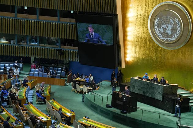 81st United Nations General Assembly NEW YORK, UNITED STATES - SEPTEMBER 22: President of France, Emmanuel Macron delivers a speech during the 81st United Nations General Assembly (UNGA) in New York, United States, on September 22, 2026. Mehmet Eser Anadolu New York United States. Editorial use only. Please get in touch for any other usage.  Copyright: x2026xAnadoluxMehmetxEserx