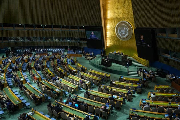 81st United Nations General Assembly NEW YORK, UNITED STATES - SEPTEMBER 22: President of France, Emmanuel Macron delivers a speech during the 81st United Nations General Assembly (UNGA) in New York, United States, on September 22, 2026. Mehmet Eser Anadolu New York United States. Editorial use only. Please get in touch for any other usage.  Copyright: x2026xAnadoluxMehmetxEserx