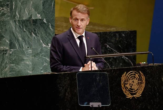 President of France Emmanuel Macron speaks at the UN General Assembly 81st session General Debate in UN General Assembly Hall at the United Nations Headquarters on Tuesday, September 22, 2026 in New York City.  NYP202609224028 PETERxFOLEY