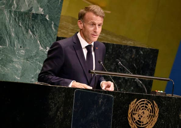 President of France Emmanuel Macron speaks at the UN General Assembly 81st session General Debate in UN General Assembly Hall at the United Nations Headquarters on Tuesday, September 22, 2026 in New York City.  NYP202609224029 PETERxFOLEY