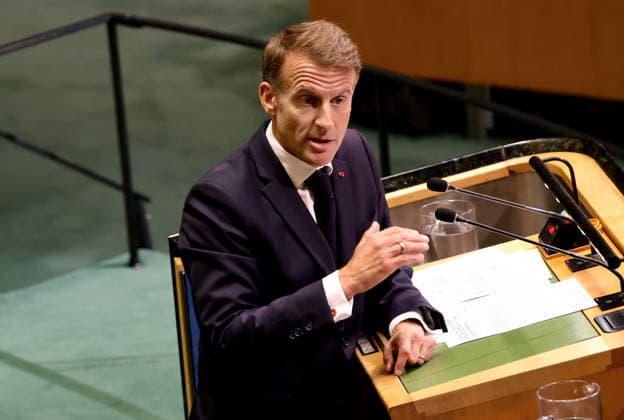 President of France Emmanuel Macron speaks at the UN General Assembly 81st session General Debate in UN General Assembly Hall at the United Nations Headquarters on Tuesday, September 22, 2026 in New York City.  NYP202609224030 PETERxFOLEY