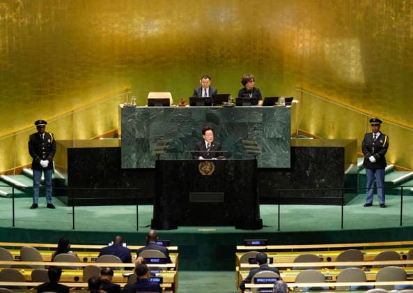 President Republic of Korea Lee Jae Myung speaks at the UN General Assembly 81st session General Debate in UN General Assembly Hall at the United Nations Headquarters on Tuesday, September 22, 2026 in New York City.  NYP202609228007 JOHNxANGELILLO