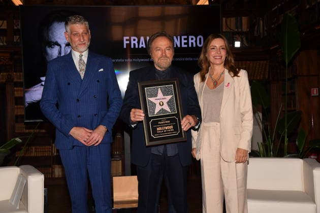 IPA88844549 - Rome, Ministry of Culture: Celebration for Franco Nero’s Stella Award. Pictured: Alessandro Giuli, Franco Nero, Lucia Borgonzoni  Copyright: xVincenzoxLandix xVincenzoxLandix IPA88844549