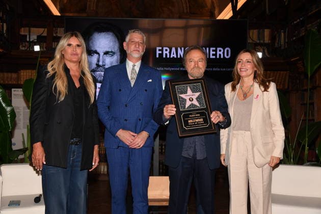 IPA88844534 - Rome, Ministry of Culture: Celebration for Franco Nero’s Stella Award. Pictured: Tiziana Rocca, Alessandro Giuli, Franco Nero, Lucia Borgonzoni  Copyright: xVincenzoxLandix xVincenzoxLandix IPA88844534