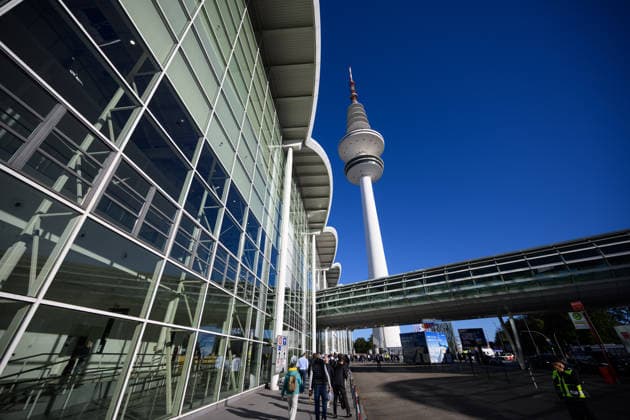 Heinrich Hertz Tower on the grounds of the Hamburg Messe in Hamburg, Germany; Hamburg, Germany; View of the Heinrich Hertz Tower between the buildings and glass facades of the Hamburg Messe during WindEnergy Hamburg; Hamburg, Germany 20260922_Z9B_6866