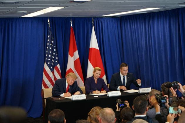 (260922) -- UNITED NATIONS, Sept. 22, 2026 -- U.S. President Donald Trump, Danish Prime Minister Mette Frederiksen and Greenland s Prime Minister Jens-Frederik Nielsen (from left to right) sign an agreement at a ceremony on the sidelines of the UN General Debate at the United Nations headquarters in New York, Sept. 22, 2026. The United States, Denmark and its autonomous territory of Greenland on Tuesday signed an agreement in New York to expand the U.S. military presence on the strategic Arctic island. (Federica Farina UN Photo Handout via Xinhua) UN-U.S.-DENMARK-GREENLAND-DEAL-SIGN WuxXiaoling 
