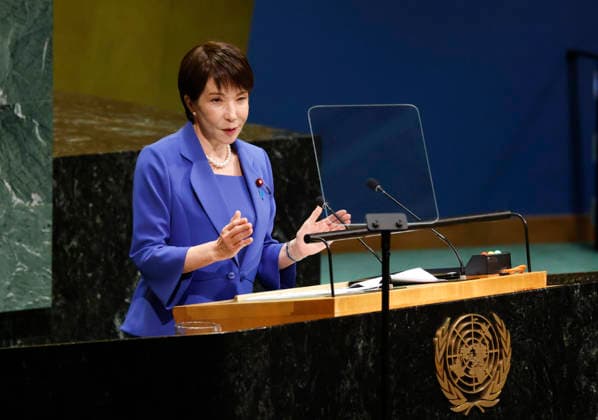 Prime Minister of Japan Takaichi Sanae speaks at the UN General Assembly 81st session General Debate in UN General Assembly Hall at the United Nations Headquarters on Tuesday, September 22, 2026 in New York City.  NYP202609228009 JOHNxANGELILLO
