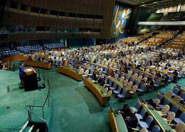 Prime Minister of Japan Takaichi Sanae speaks at the UN General Assembly 81st session General Debate in UN General Assembly Hall at the United Nations Headquarters on Tuesday, September 22, 2026 in New York City.  NYP202609228011 JOHNxANGELILLO
