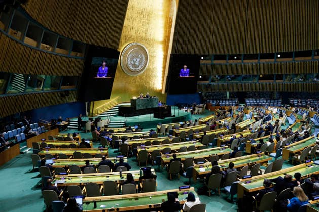 Prime Minister of Japan Takaichi Sanae speaks at the UN General Assembly 81st session General Debate in UN General Assembly Hall at the United Nations Headquarters on Tuesday, September 22, 2026 in New York City.  NYP202609228015 JOHNxANGELILLO
