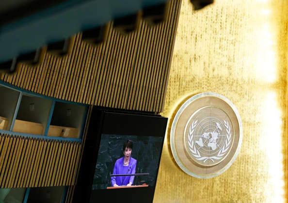Prime Minister of Japan Takaichi Sanae speaks at the UN General Assembly 81st session General Debate in UN General Assembly Hall at the United Nations Headquarters on Tuesday, September 22, 2026 in New York City.  NYP202609228016 JOHNxANGELILLO