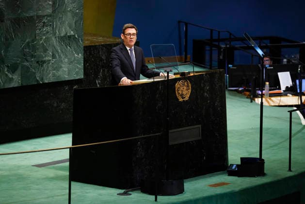 Prime Minister United Kingdom of Great Britain and Northern Ireland Andy Burnham speaks at the UN General Assembly 81st session General Debate in UN General Assembly Hall at the United Nations Headquarters on Tuesday, September 22, 2026 in New York City.  NYP202609228018 JOHNxANGELILLO