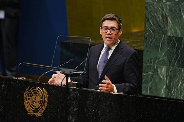Prime Minister of the UK, Andy Burnham, addresses the UN General Assembly NEW YORK, UNITED STATES - SEPTEMBER 22: Prime Minister of the United Kingdom, Andy Burnham, addresses the United Nations General Assembly (UNGA) during the 81st session of UNGA high-level meetings, in New York City, United States on September 22, 2026. Selcuk Acar Anadolu New York United States. Editorial use only. Please get in touch for any other usage.  Copyright: x2026xAnadoluxSelcukxAcarx