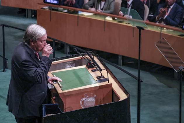 September 22, 2026, New York, New York, United States: UN Secretary-General ANTONIO GUTERRES takes a drink of water as he addresses world leaders during the opening of the General Debate of the 81st UN General Assembly. Guterres warned of widening global divisions and focused on war and peace, inequality, the climate crisis and artificial intelligence, calling for stronger international cooperation, respect for international law, Security Council reform and safeguards around AI. The address marked GuterresÃ¢â‚¬â ¢ final UNGA as Secretary-General. New York United States - ZUMAo116 20260922_znp_o116_001 Copyright: xBiancaxOterox