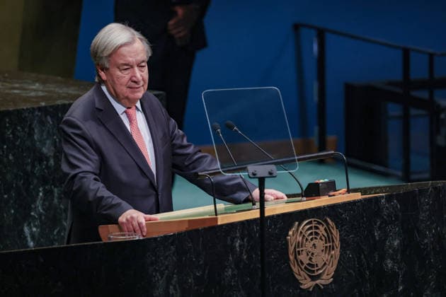 September 22, 2026, New York, New York, United States: UN Secretary-General ANTONIO GUTERRES addresses world leaders during the opening of the General Debate of the 81st UN General Assembly. Guterres warned of widening global divisions and focused on war and peace, inequality, the climate crisis and artificial intelligence, calling for stronger international cooperation, respect for international law, Security Council reform and safeguards around AI. The address marked GuterresÃ¢â‚¬â ¢ final UNGA as Secretary-General. New York United States - ZUMAo116 20260922_znp_o116_002 Copyright: xBiancaxOterox