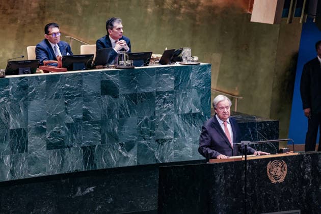 September 22, 2026, New York, New York, United States: UN Secretary-General ANTONIO GUTERRES addresses world leaders during the opening of the General Debate of the 81st UN General Assembly. Guterres warned of widening global divisions and focused on war and peace, inequality, the climate crisis and artificial intelligence, calling for stronger international cooperation, respect for international law, Security Council reform and safeguards around AI. The address marked GuterresÃ¢â‚¬â ¢ final UNGA as Secretary-General. New York United States - ZUMAo116 20260922_znp_o116_005 Copyright: xBiancaxOterox