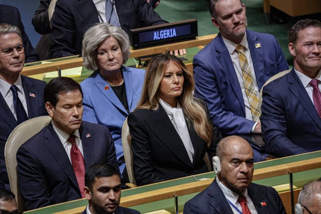 September 22, 2026, New York, New York, United States: US First Lady MELANIA TRUMP (C), Secretary of State MARCO RUBIO (L) and US Ambassador to the UN MICHAEL WALTZ (R) listen as US President DONALD TRUMP addresses the 81st UN General Assembly. New York United States - ZUMAo116 20260922_znp_o116_053 Copyright: xBiancaxOterox