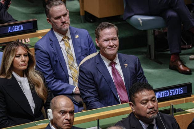 September 22, 2026, New York, New York, United States: US First Lady MELANIA TRUMP (L),and US Ambassador to the UN MICHAEL WALTZ (R) listen as US President DONALD TRUMP addresses the 81st UN General Assembly. New York United States - ZUMAo116 20260922_znp_o116_051 Copyright: xBiancaxOterox