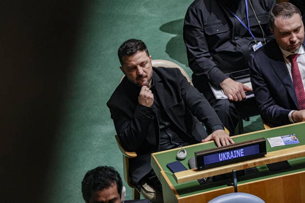 September 23, 2026, New York, New York, United States: Ukrainian President VOLODYMYR ZELENSKYY sits in the General Assembly Hall as he listens to US President DONALD TRUMP address the 81st UN General Assembly. New York United States - ZUMAo116 20260923_znp_o116_012 Copyright: xBiancaxOterox