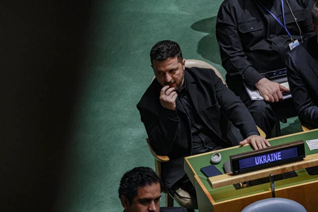 September 23, 2026, New York, New York, United States: Ukrainian President VOLODYMYR ZELENSKYY sits in the General Assembly Hall as he listens to US President DONALD TRUMP address the 81st UN General Assembly. New York United States - ZUMAo116 20260923_znp_o116_014 Copyright: xBiancaxOterox