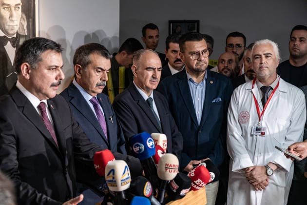 September 22, 2026, Manisa, Turkey: Turkey™s Interior Minister Mustafa Ciftci (L) and Education Minister Yusuf Tekin (second from L) speak to the media at a hospital following a shooting. Police maintained security measures around a high school in Turgutlu, in Turkey™s western Manisa province, following a shooting that left 11 people injured. The Turkish Interior Minister and Education Minister addressed the media following the incident. Manisa Turkey - ZUMAs197 20260922_aaa_s197_480 Copyright: xMuratxKocabasx