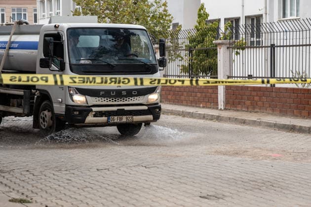 September 22, 2026, Manisa, Turkey: A municipal cleaning vehicle cleans the scene of the shooting. Police maintained security measures around a high school in Turgutlu, in Turkey™s western Manisa province, following a shooting that left 11 people injured. The Turkish Interior Minister and Education Minister addressed the media following the incident. Manisa Turkey - ZUMAs197 20260922_aaa_s197_468 Copyright: xMuratxKocabasx