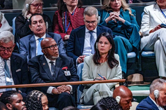 September 23, 2026, New York, New York, United States: Former UN General Assembly presidents ANNALENA BAERBOCK (R) and DENNIS FRANCIS (C) sit in the gallery, with candidates for UN Secretary-General seated behind them, during the General Debate of the AssemblyÃ¢â‚¬â ¢s 81st session. New York United States - ZUMAo116 20260923_znp_o116_029 Copyright: xBiancaxOterox