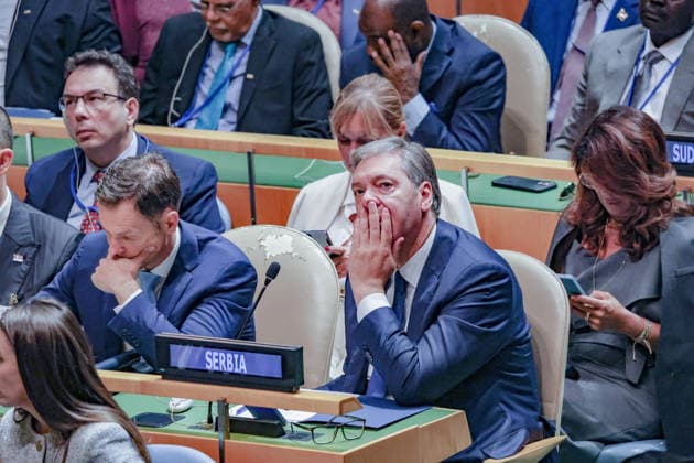 September 22, 2026, New York, New York, United States: Serbian President ALEKSANDAR VUCIC sits with his hand over his mouth during U.S. President DONALD TRUMPÃ¢â‚¬â ¢s address to the UN General AssemblyÃ¢â‚¬â ¢s 81st session. New York United States - ZUMAo116 20260922_znp_o116_067 Copyright: xBiancaxOterox