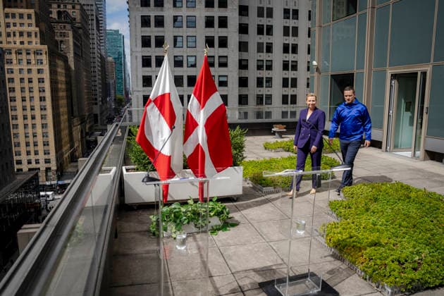 Danish-Greenlandic Press Conference Following the Signing of an Agreement: Prime Minister Mette Frederiksen and Greenland’s Head of Government, Jens Frederik Nielsen, hold a press conference after the security agreement with the U.S. is signed, on the roof of the Danish Mission to the UN in New York on Tuesday, September 22, 2026. Photo by Mads Claus Rasmussen, Ritzau Sc  Copyright: RitzauxScanpix MadsxClausxRasmussenx spdk20260923-044156-L