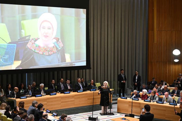 Emine Erdogan addresses at UN Headquarters NEW YORK, UNITED STATES - SEPTEMBER 22: Turkish First Lady and Chair of the UN Advisory Board of Eminent Persons on Zero Waste, Emine Erdogan, delivers remarks during the International Energy Agency (IEA) High-Level Energy Transition Solutions Dialogue at United Nations Headquarters in New York, United States, on September 22, 2026. Mehmet Ali Ozcan Anadolu New York United States. Editorial use only. Please get in touch for any other usage.  Copyright: x2026xAnadoluxMehmetxAlixOzcanx