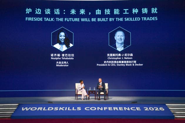 (260923) -- SHANGHAI, Sept. 23, 2026 -- This photo taken on Sept. 23, 2026 shows a scene of the fireside talk: the future will be built by the skilled trades during the WorldSkills Conference 2026 in east China s Shanghai. The WorldSkills Conference 2026 kicked off here on Wednesday. (Photo by Xinhua) CHINA-SHANGHAI-WORLDSKILLS CONFERENCE (CN) YangxYang 