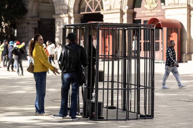 Environmental activists stage two-week cage protest in Sofia SOFIA, BULGARIA - SEPTEMBER 23: Environmental activists begin two-week protest outside the Bulgarian Parliament in Sofia, Bulgaria, on September 23, 2026, to oppose the practice of keeping newborn calves in individual isolation pens from birth. As part of the protest, one volunteer will remain inside a cage continuously, 24 hours a day, throughout the two-week demonstration. Nearly 200 volunteers are expected to take part in the initiative, rotating in 12-hour shifts. Hristo Vladev Anadolu Sofia Bulgaria. Editorial use only. Please get in touch for any other usage.  Copyright: x2026xAnadoluxHristoxVladevx