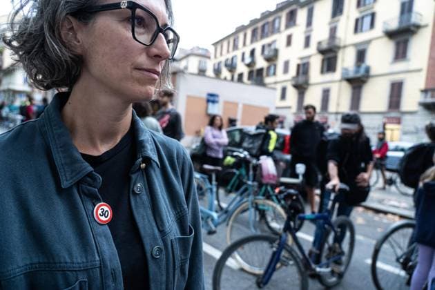 September 23, 2026, Turin, To, Italy: A human bike path to raise awareness about cycling deaths and accidents. Yesterday, Tuesday, September 22, a seven-year-old boy died while cycling to school. Turin, September 23, 2026. Turin Italy  - ZUMAa289 20260923_zia_a289_018 Copyright: xSelenexDanielex xAgfx