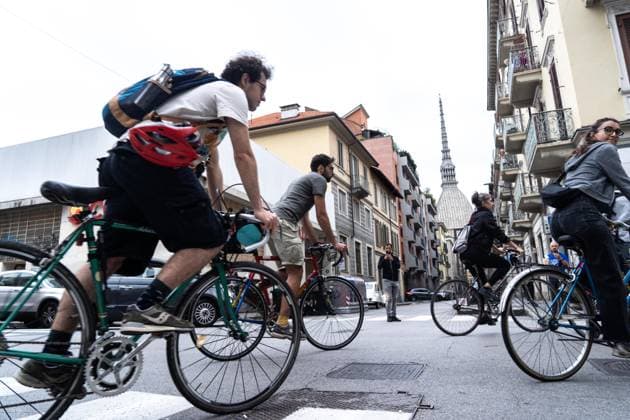 September 23, 2026, Turin, To, Italy: A human bike path to raise awareness about cycling deaths and accidents. Yesterday, Tuesday, September 22, a seven-year-old boy died while cycling to school. Turin, September 23, 2026. Turin Italy  - ZUMAa289 20260923_zia_a289_022 Copyright: xSelenexDanielex xAgfx