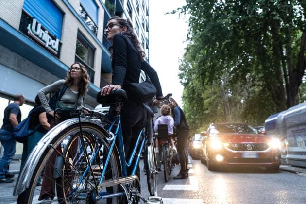 September 23, 2026, Turin, To, Italy: A human bike path to raise awareness about cycling deaths and accidents. Yesterday, Tuesday, September 22, a seven-year-old boy died while cycling to school. Turin, September 23, 2026. Turin Italy  - ZUMAa289 20260923_zia_a289_025 Copyright: xSelenexDanielex xAgfx