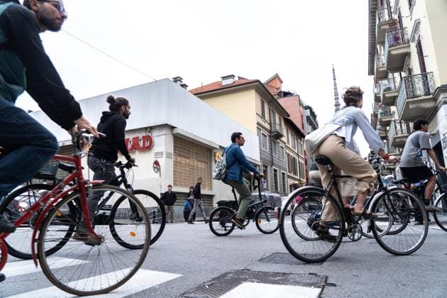 September 23, 2026, Turin, To, Italy: A human bike path to raise awareness about cycling deaths and accidents. Yesterday, Tuesday, September 22, a seven-year-old boy died while cycling to school. Turin, September 23, 2026. Turin Italy  - ZUMAa289 20260923_zia_a289_033 Copyright: xSelenexDanielex xAgfx