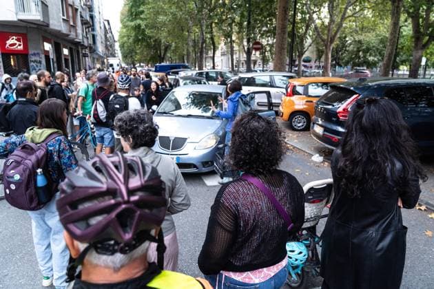 September 23, 2026, Turin, To, Italy: A human bike path to raise awareness about cycling deaths and accidents. Yesterday, Tuesday, September 22, a seven-year-old boy died while cycling to school. Turin, September 23, 2026. Turin Italy  - ZUMAa289 20260923_zia_a289_038 Copyright: xSelenexDanielex xAgfx