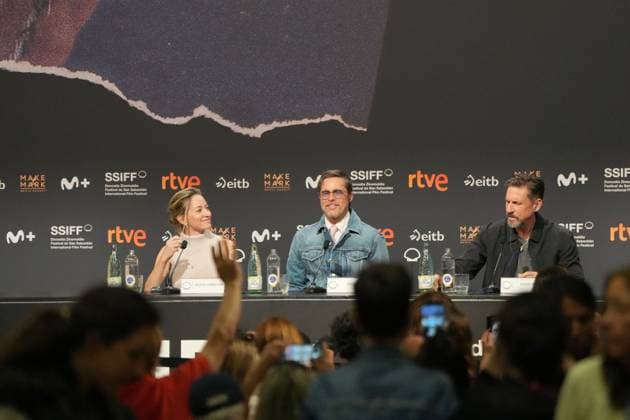 Presentation of the film *In the Heart of the Beast* at the San Sebastián Film Festival I D Producer Olivia Hamilton, actor Brad Pitt, and director David Ayer hold a press conference during the presentation of the film *In the Heart of the Beast* at the San Sebastián Film Festival, at the Kursaal Conference Center, on September 23, 2026, in San Sebastián, Guipúzcoa, Basque Country, Spain. The plot revolves around the unbreakable bond, shared traumas, and the extreme struggle for survival between a retired soldier and his faithful canine companion. SEPTEMBER 23, 2026 San Sebastián, Guipúzcoa, Basque Country, Spain  Copyright: xUnanuex 7793736