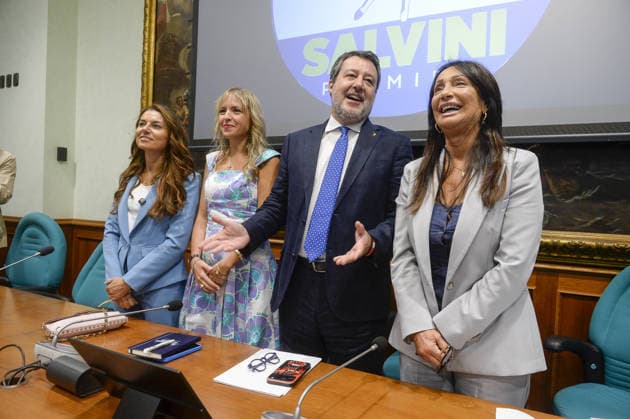 IPP Photo by Marco Mattei, Rome, September 23, 2026. Chamber of Deputies: Lega press conference to present a bill against Islamic fundamentalism in Italy. Pictured: Susanna Ceccardi, Sivia Sardone, Matteo Salvini, Anna Cisint. Italy Photo Press World. Copyright