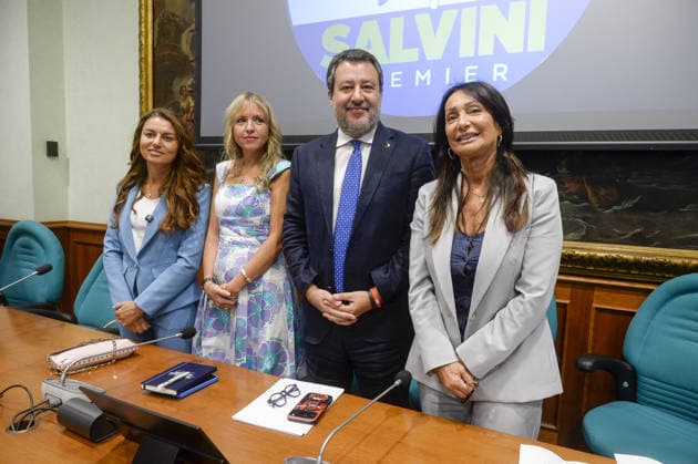 IPP Photo by Marco Mattei, Rome, September 23, 2026. Chamber of Deputies: Lega press conference to present a bill against Islamic fundamentalism in Italy. Pictured: Susanna Ceccardi, Sivia Sardone, Matteo Salvini, Anna Cisint. Italy Photo Press World. Copyright