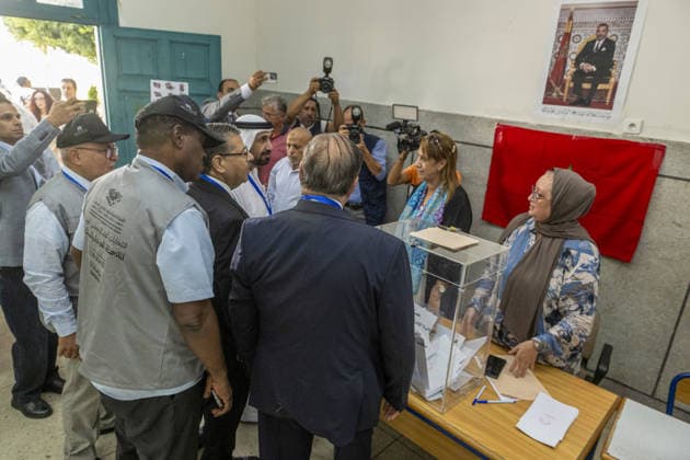 Morocco begins voting in legislative elections RABAT, MOROCCO - SEPTEMBER 23: President of the Arab Parliament Mohammed bin Ahmed al-Yamahi monitors electoral procedures during a visit to Hassan II High School polling station in Rabat, Morocco, on September 23, 2026. Polling stations opened across the North African kingdom at 8:00 a.m. local time as voters cast ballots to elect all 395 members of the House of Representatives, the lower house of parliament. Abu Adem Muhammed Anadolu Rabat Morocco. Editorial use only. Please get in touch for any other usage.  Copyright: x2026xAnadoluxAbuxAdemxMuhammedx
