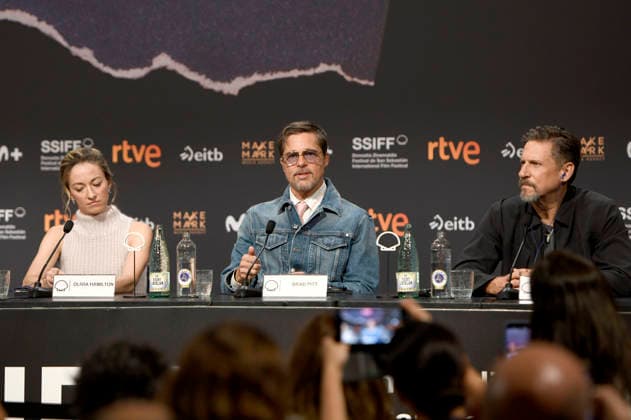 Olivia Hamilton, Brad Pitt, and David Ayer at the press conference for the film *Heart of the Beast* at the 74th San Sebastián International Film Festival (Festival Internacional de Cine de San Sebastián) at the Kursaal in San Sebastián, September 23, 2026 Foto:xC.xNiehausx xFuturexImagex beast_6910