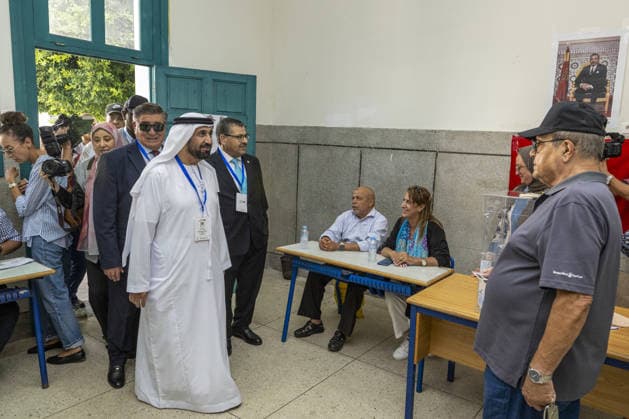 Morocco begins voting in legislative elections RABAT, MOROCCO - SEPTEMBER 23: President of the Arab Parliament Mohammed bin Ahmed al-Yamahi (L) monitors electoral procedures during a visit to Hassan II High School polling station in Rabat, Morocco, on September 23, 2026. Polling stations opened across the North African kingdom at 8:00 a.m. local time as voters cast ballots to elect all 395 members of the House of Representatives, the lower house of parliament. Abu Adem Muhammed Anadolu Rabat Morocco. Editorial use only. Please get in touch for any other usage.  Copyright: x2026xAnadoluxAbuxAdemxMuhammedx
