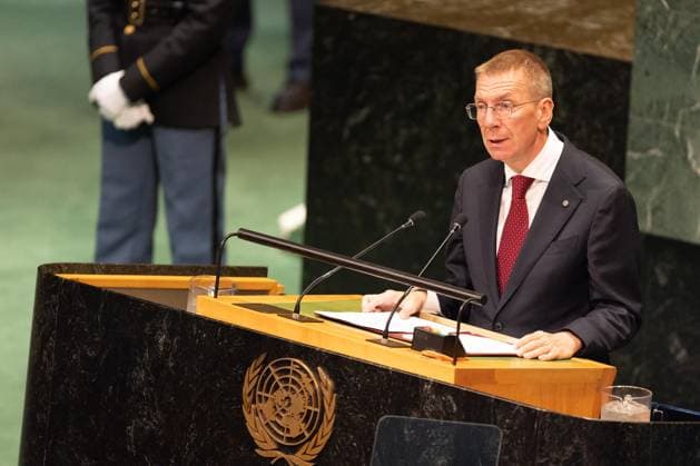 September 23, 2026, New York City, USA: Latvian President Edgars Rinkevics delivers a speech on the second day of the General Debate of the 81st session of the United Nations General Assembly at the UN Headquarters in New York City. New York City USA  - ZUMAl194 20260923_zip_l194_006 Copyright: xMarekxLadzinskix