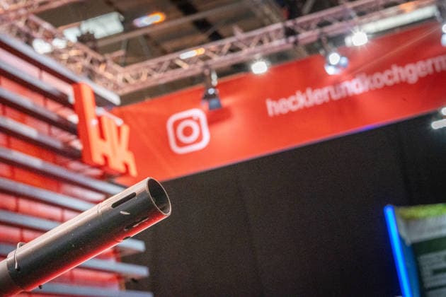 A view of the exhibition halls and the fairgrounds; the Heckler & Koch booth featuring handguns and machine guns; the Euro Defense Expo 2026 defense trade show in Essen, Germany; Essen, North Rhine-Westphalia, Germany; the fairgrounds