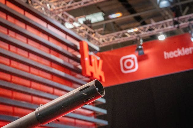 A view of the exhibition halls and the fairgrounds; the Heckler & Koch booth featuring handguns and machine guns; the Euro Defense Expo 2026 defense trade show in Essen, Germany; Essen, North Rhine-Westphalia, Germany; the fairgrounds