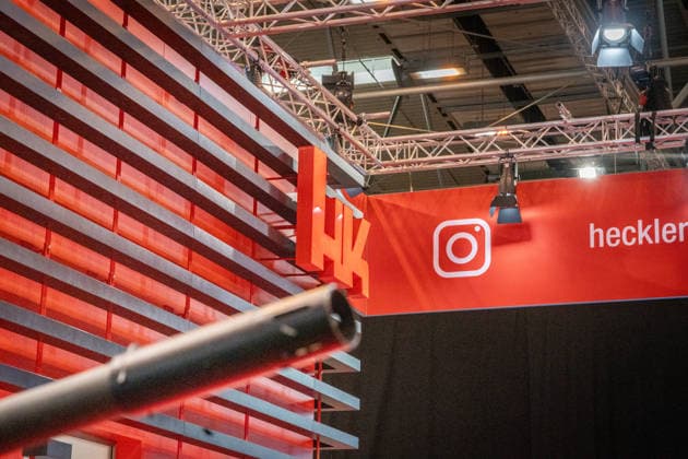 A view of the exhibition halls and the fairgrounds; the Heckler & Koch booth featuring handguns and machine guns; the Euro Defense Expo 2026 defense trade show in Essen, Germany; Essen, North Rhine-Westphalia, Germany; the fairgrounds