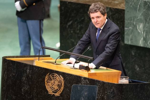 September 23, 2026, New York City, USA: Romanian President Nicusor-Daniel Dan delivers a speech on the second day of the General Debate of the 81st session of the United Nations General Assembly at the UN Headquarters in New York City. New York City USA  - ZUMAl194 20260923_zip_l194_008 Copyright: xMarekxLadzinskix