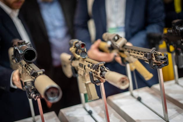 A view of the exhibition halls and the fairgrounds; the Heckler & Koch booth featuring handguns and machine guns; the Euro Defence Expo 2026 defense trade show in Essen, Germany; Essen, North Rhine-Westphalia, Germany; the fairgrounds