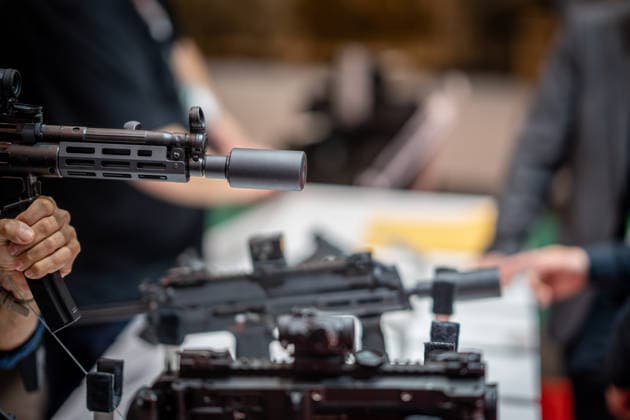 A view of the exhibition halls and the fairgrounds; the Heckler & Koch booth featuring handguns and machine guns; the Euro Defence Expo 2026 defense trade show in Essen, Germany; Essen, North Rhine-Westphalia, Germany; the fairgrounds