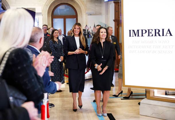 First Lady Melania Trump walks on the floor of the New York Stock Exchange with President of NYSE Group Lynn Martin before ringing The Opening Bell and headlines the inaugural IMPERIA Summit from the NYSE, a select convening focused on the global economic power of women. at the New York Stock Exchange on Wall Street on Wednesday, September 23, 2026 in New York City.  NYP20260923125 JOHNxANGELILLO